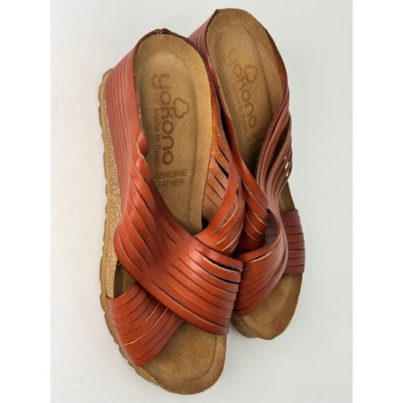 Yokono Women's Leather Slide Sandals Size 8 Brown Cross Strap Cork Wedge Comfort - Picture 4 of 8